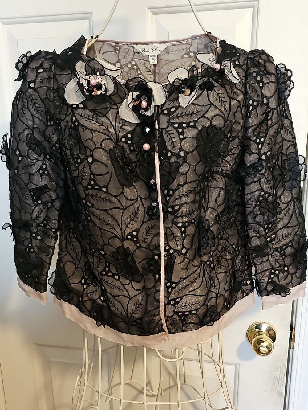 Pink Mary Vintage Black Lace Women's Jacket with Contrast and beaded trim